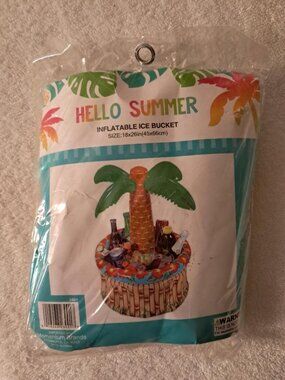 Hello Summer inflatable palm tree ice bucket approximately 18x26 inches